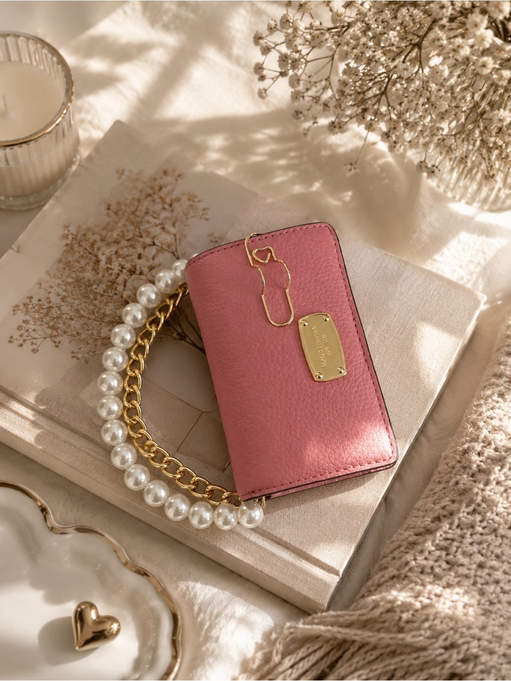 Michael Kors light Pink Pebbled Leather wallet with Pearl & Gold Chain
